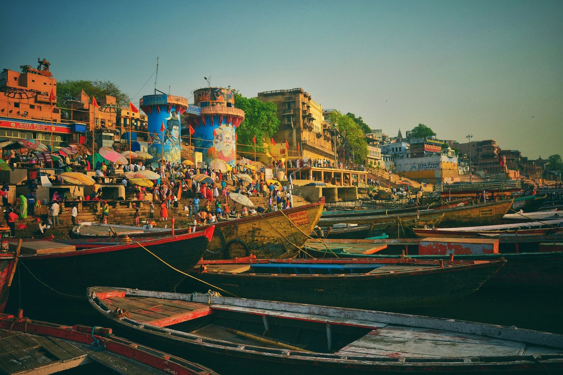 Varanasi ghats with evening Ganga Aarti on the holy river